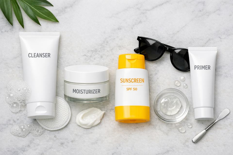 Flat lay of cleanser, moisturiser, sunscreen, and primer arranged as an oily skin base routine