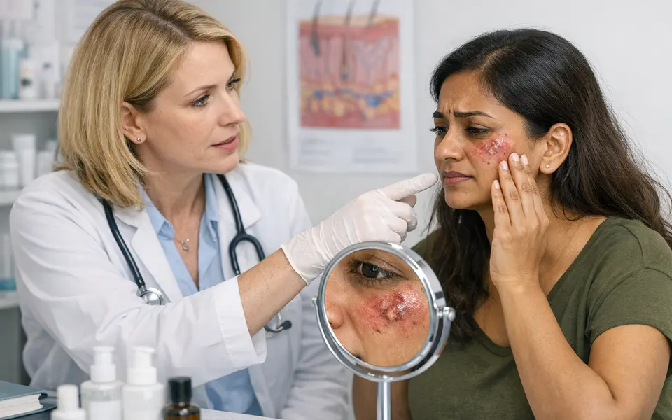 Dermatologist consulting an Indian woman about chemical peel side effects in a clinic setting