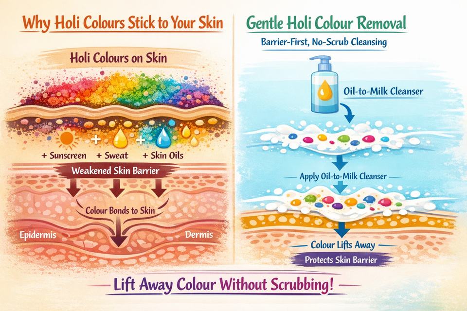 Infographic showing how Holi colours mix with sunscreen, sweat and oil on skin, and a barrier-first, no-scrub cleansing routine.
