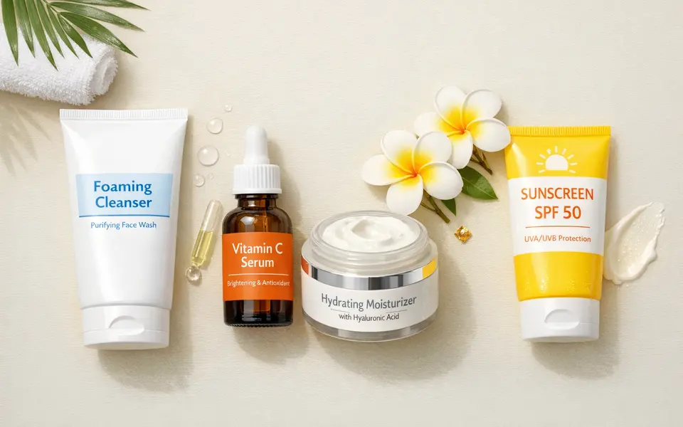 Flatlay of cleanser, vitamin C serum, moisturizer and sunscreen arranged as a simple AM skincare routine