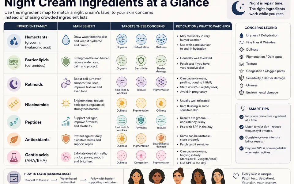 Infographic chart showing night cream ingredient families matched with concerns like dryness, fine lines, dullness and pigmentation.
