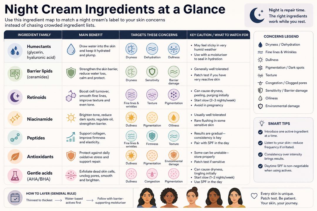 Infographic chart showing night cream ingredient families matched with concerns like dryness, fine lines, dullness and pigmentation.