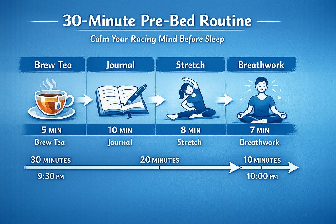 Infographic showing a 30‑minute pre‑bed routine timeline with brewing tea, journaling, stretching and breathwork as sequential steps.