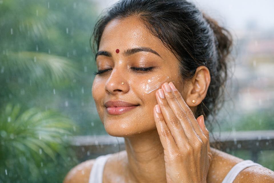 Indian woman applying a lightweight gel moisturizer to her face on a humid day