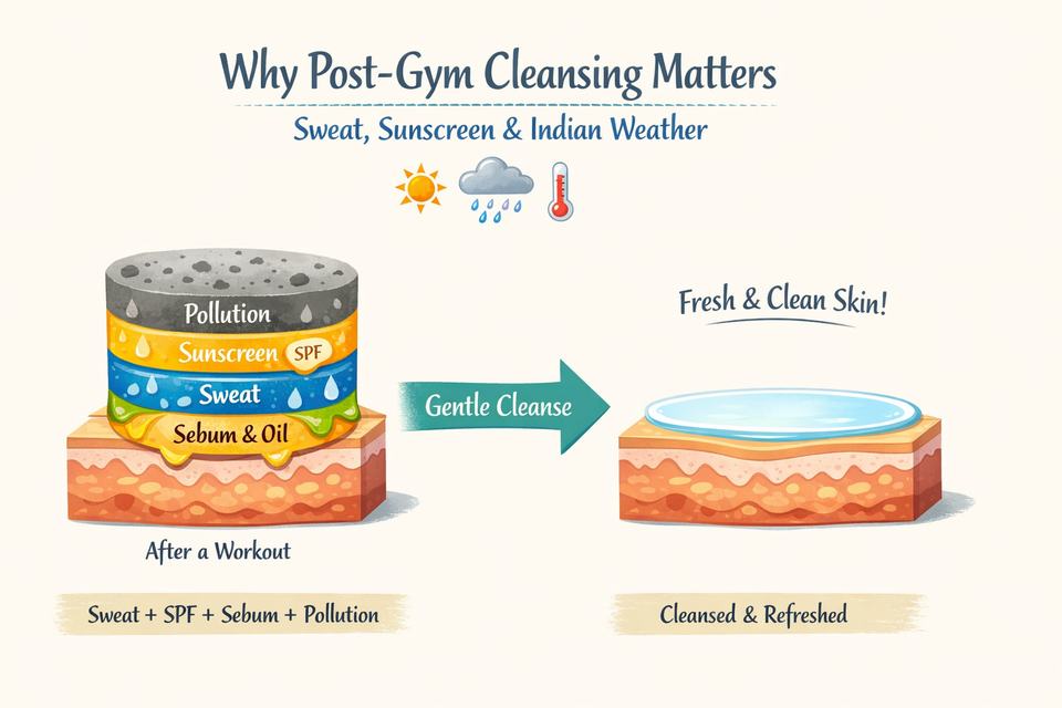 Infographic diagram showing sweat + sunscreen + sebum + pollution layers on facial skin after a gym session, and how a gentle cleanse removes them.
