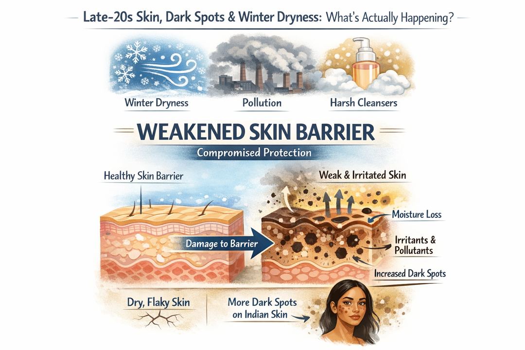 Infographic showing how winter dryness, pollution and harsh cleansers weaken the skin barrier and worsen dark spots on Indian skin.