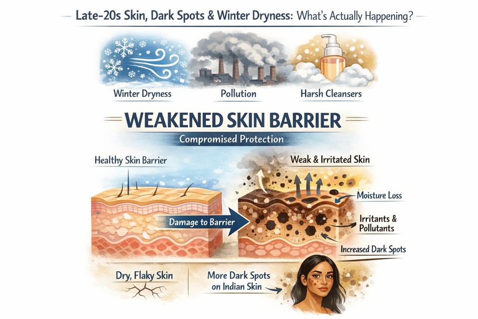 Infographic showing how winter dryness, pollution and harsh cleansers weaken the skin barrier and worsen dark spots on Indian skin.