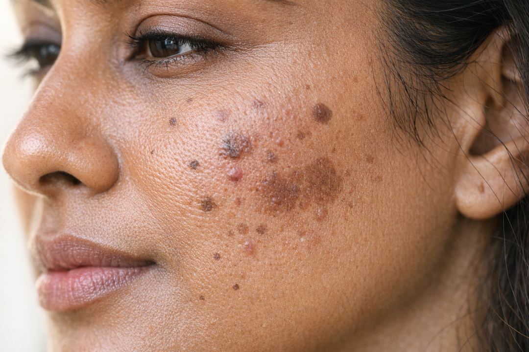 Close-up of an Indian woman’s cheek showing different types of dark spots and tanning in soft daylight