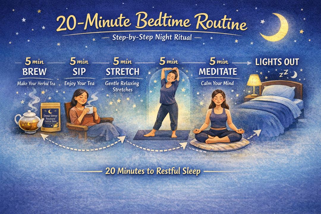 Infographic showing a 20‑minute bedtime flow with Deep Sleep Restore Herbal Brew and a 5‑minute meditation.