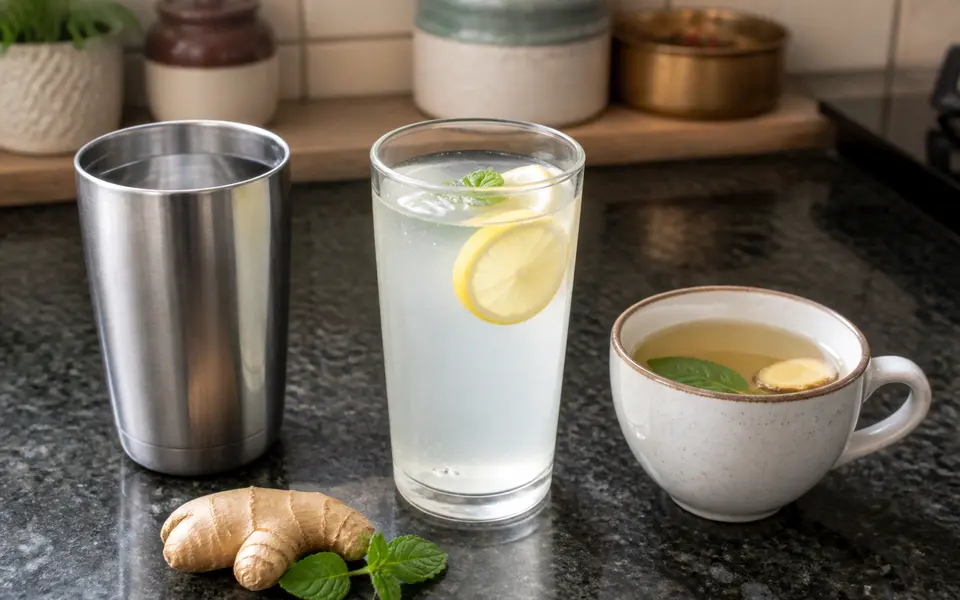 A steel tumbler of water alongside a glass of nimbu water and a small teacup of light herbal infusion with ginger and tulsi on an Indian kitchen counter.