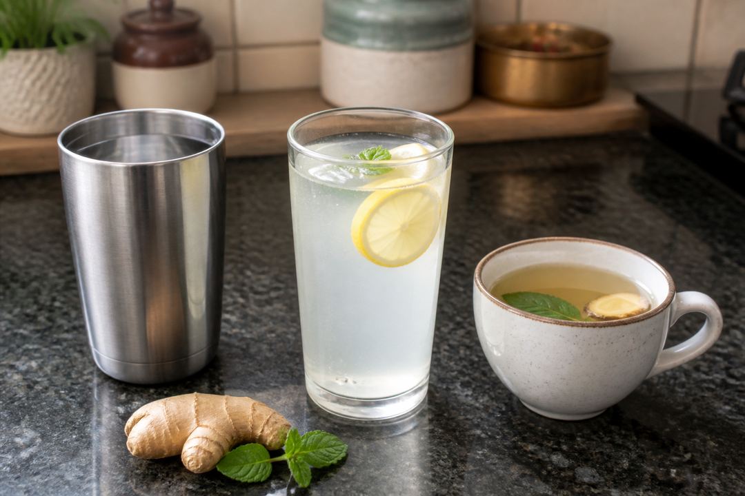 A steel tumbler of water alongside a glass of nimbu water and a small teacup of light herbal infusion with ginger and tulsi on an Indian kitchen counter.