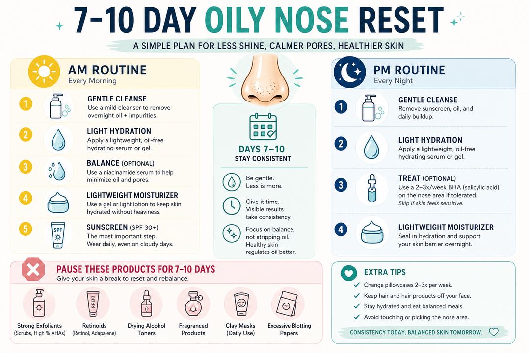 Infographic checklist showing a 7–10 day oily nose reset with simple AM and PM steps.