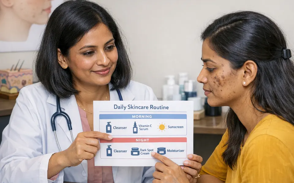 Indian dermatologist consulting a patient with dark spots, both reviewing a simple skincare routine chart.
