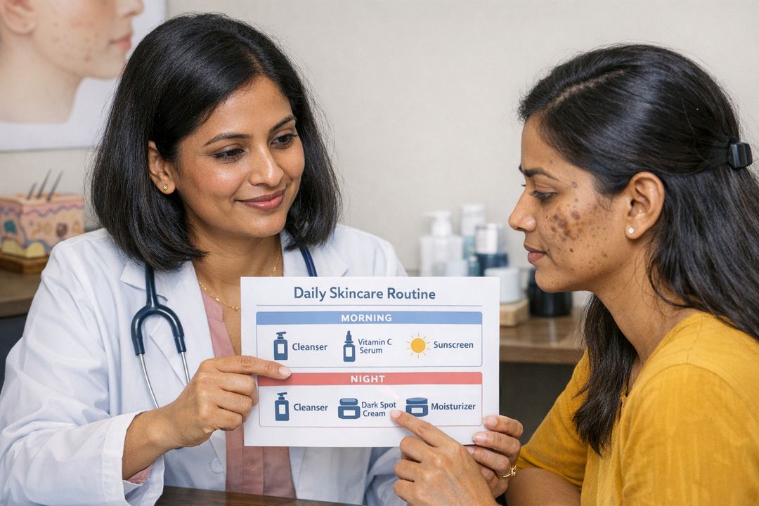 Indian dermatologist consulting a patient with dark spots, both reviewing a simple skincare routine chart.
