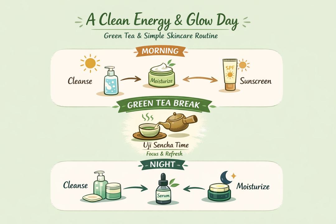Infographic showing a simple daily flow linking green tea breaks with morning and night skincare steps.