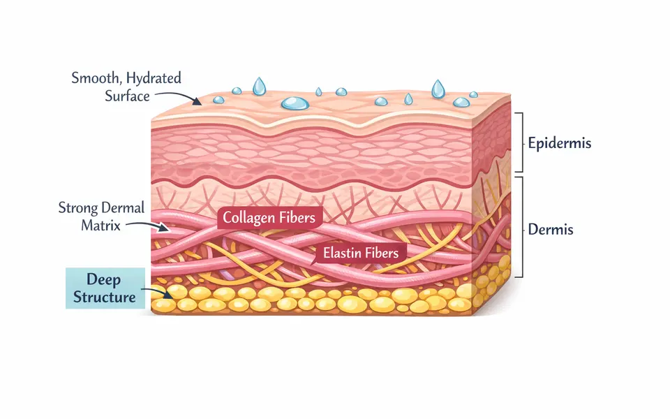 Simple cross-section illustration of skin showing epidermis, dermis, collagen and elastin