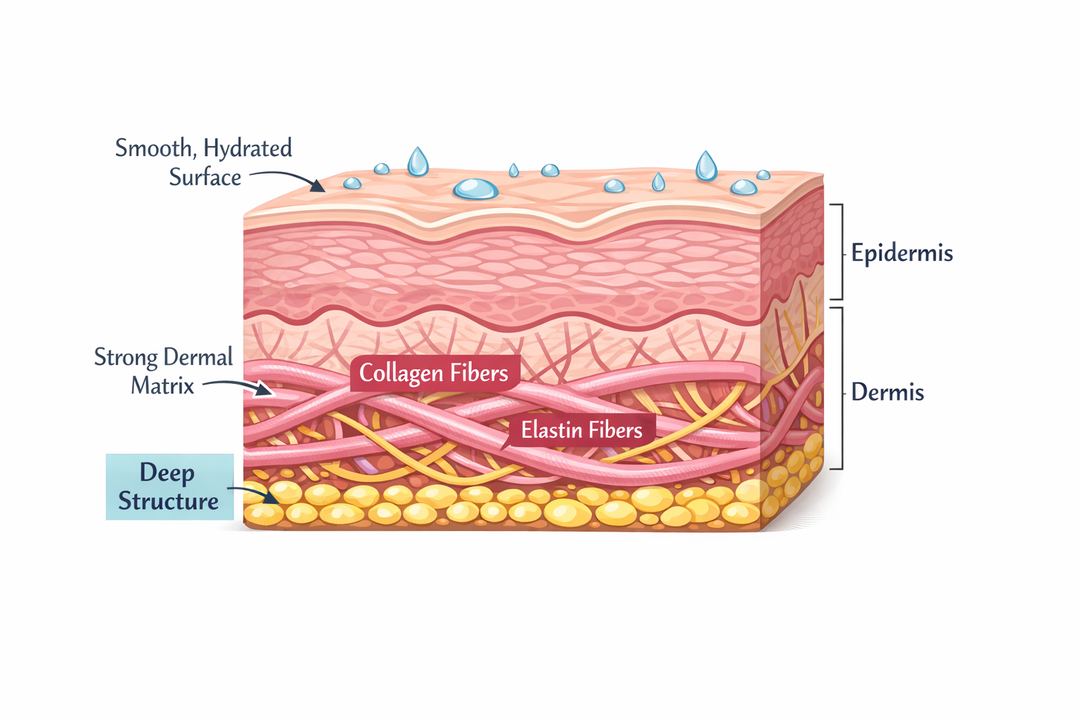 Simple cross-section illustration of skin showing epidermis, dermis, collagen and elastin