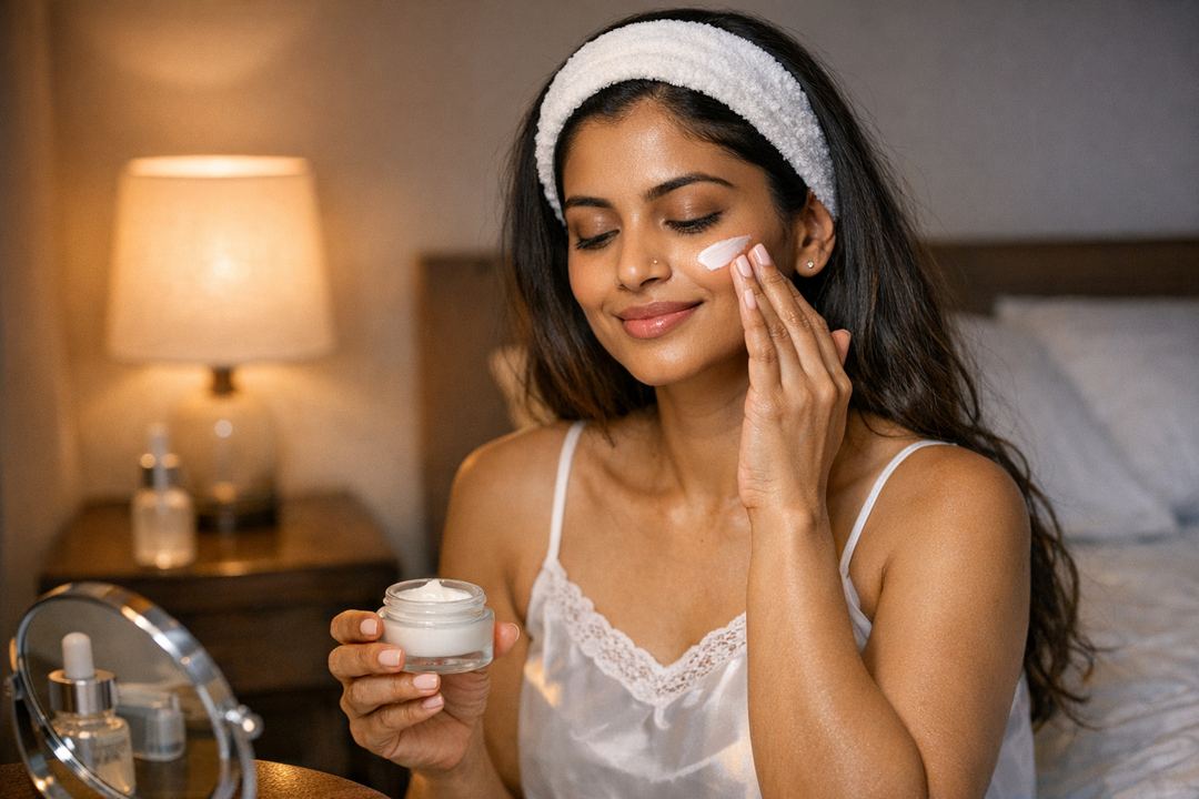 Indian woman applying a lightweight niacinamide night cream on her face before bed