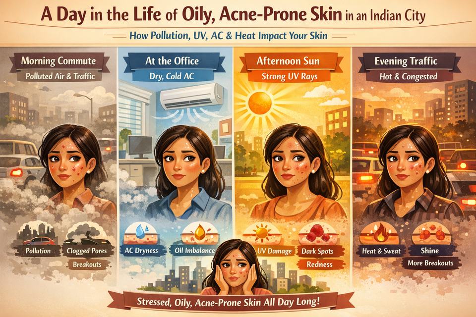 Infographic showing how pollution, UV, AC and heat affect oily, acne-prone skin through one city workday