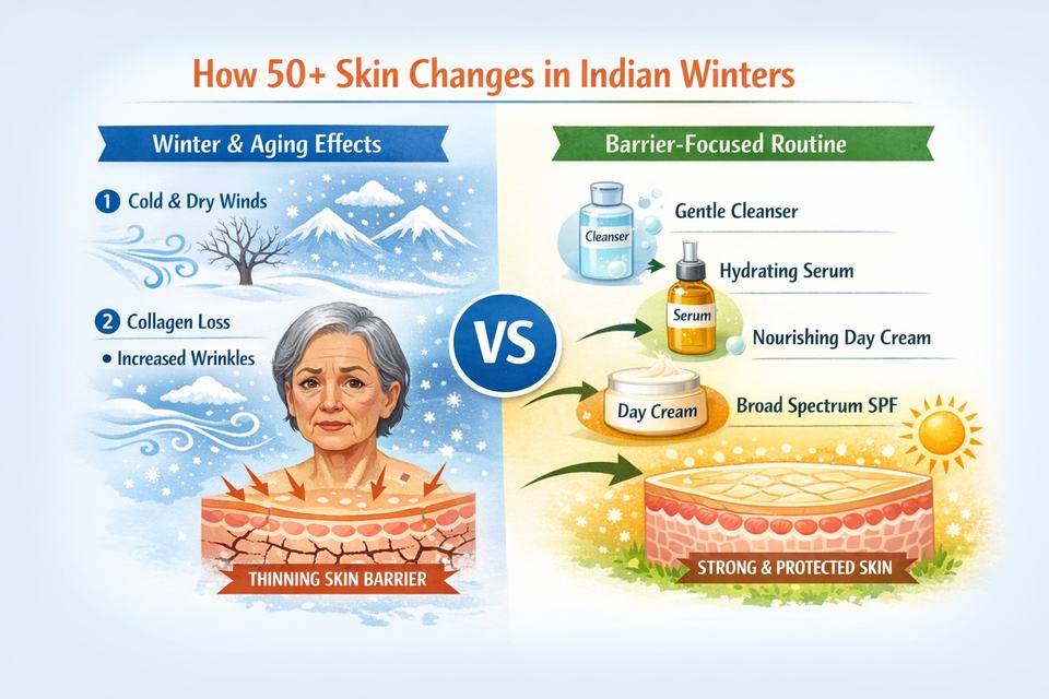 Infographic showing how Indian winter weather and ageing thin the skin barrier, and how a day cream and sunscreen protect 50+ dry skin.