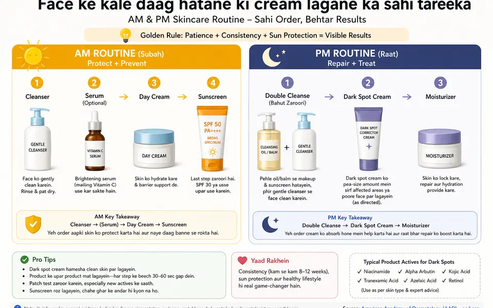 Infographic jo AM aur PM skincare routine mein cleanser, serum, dark spot cream, day cream aur sunscreen ka order dikhata hai.