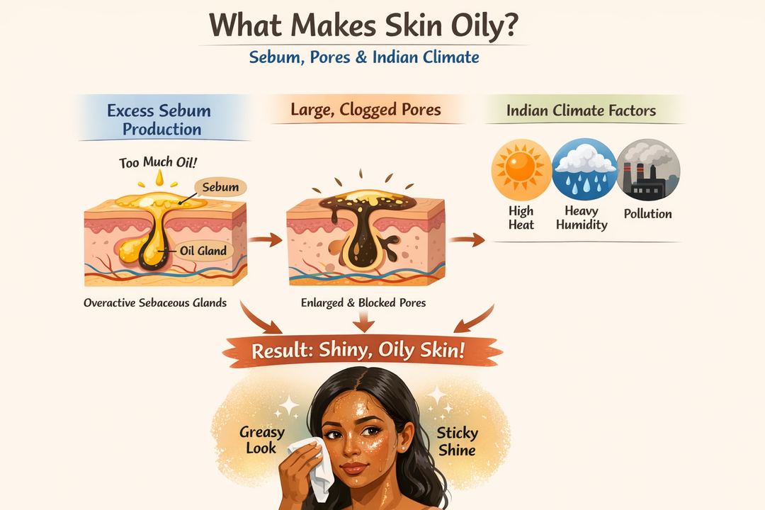 Infographic explaining how sebum, pores and Indian climate affect oily skin
