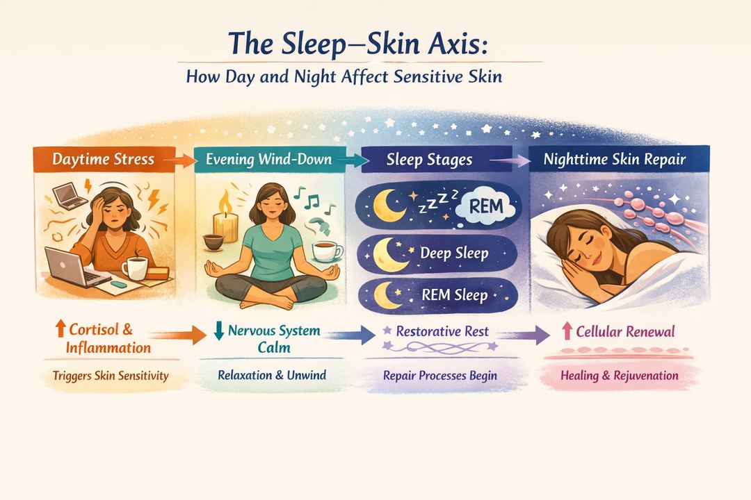 Infographic diagram showing the sleep–skin axis: daytime stress, evening nervous-system calm, sleep stages, and night-time skin repair.
