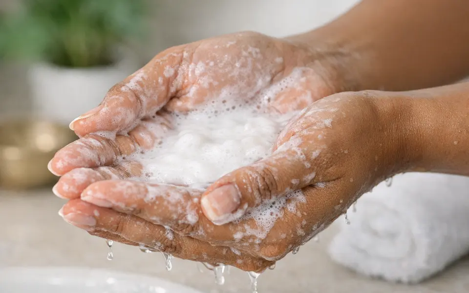 Oil-to-milk facial cleanser being emulsified with water in someone’s hands