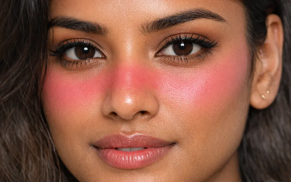 Close-up of Igari blush placement under the eyes and across the nose on medium Indian skin.