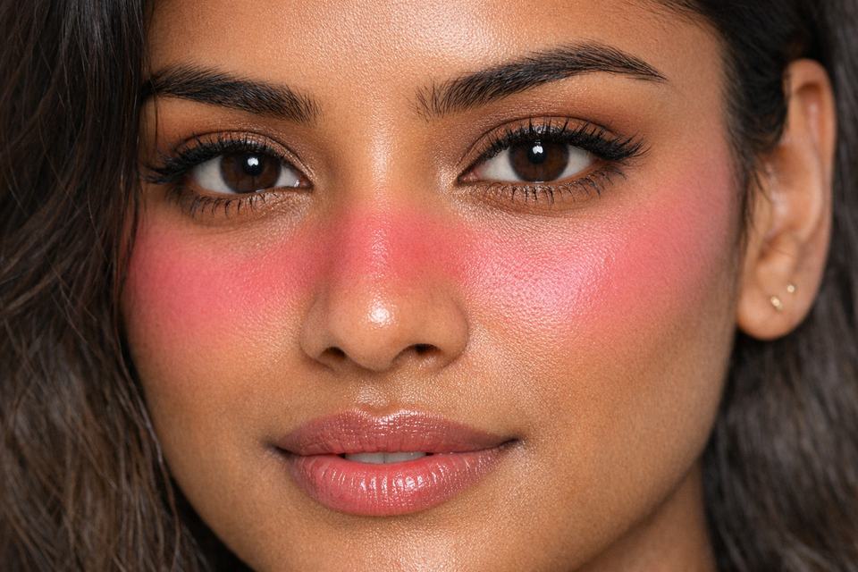 Close-up of Igari blush placement under the eyes and across the nose on medium Indian skin.
