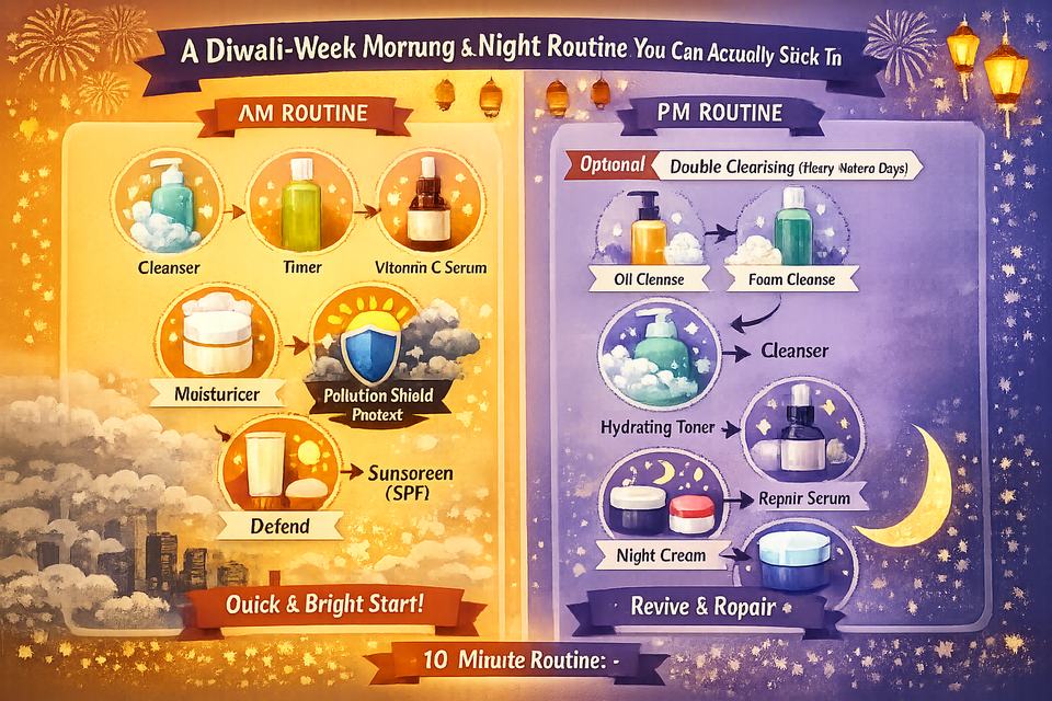 Infographic diagram of Diwali-week AM and PM skincare routine steps, showing pollution shield in the morning and repair steps at night.
