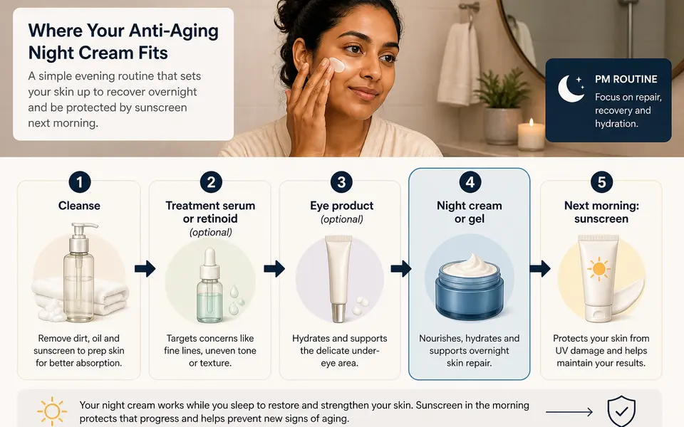 Step-by-step evening skincare routine flow showing cleanse, optional treatment serum, eye product, night cream and next-morning sunscreen.