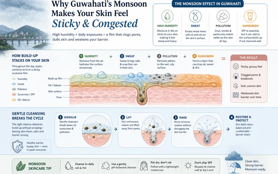 Guwahati Monsoon Skincare Routine: Humidity, Sweat, and Sunscreen Build-Up