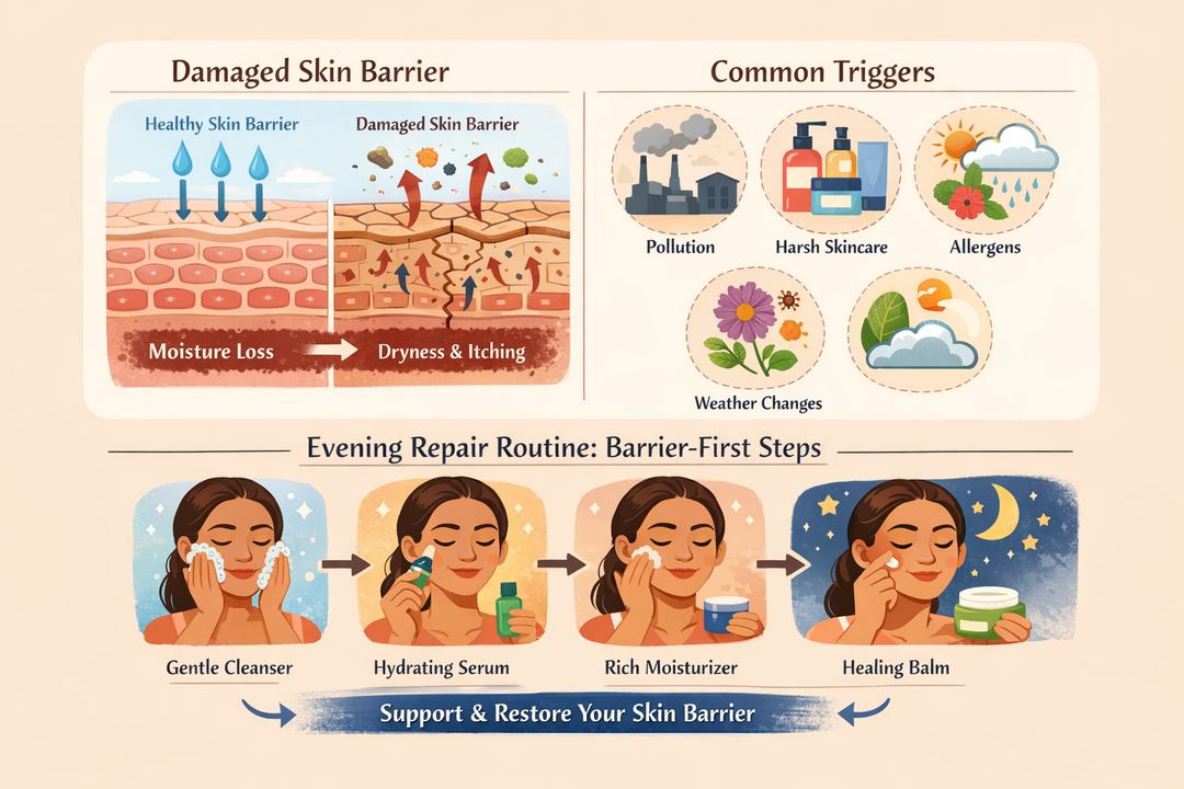 Infographic showing how a damaged facial skin barrier leads to dryness and itch, plus simple evening steps to support repair.