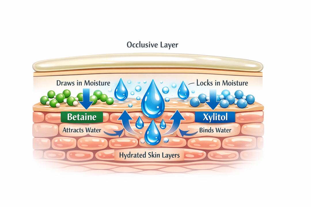 Infographic-style cross-section of skin showing betaine and xylitol pulling in water and occlusives sealing it in.