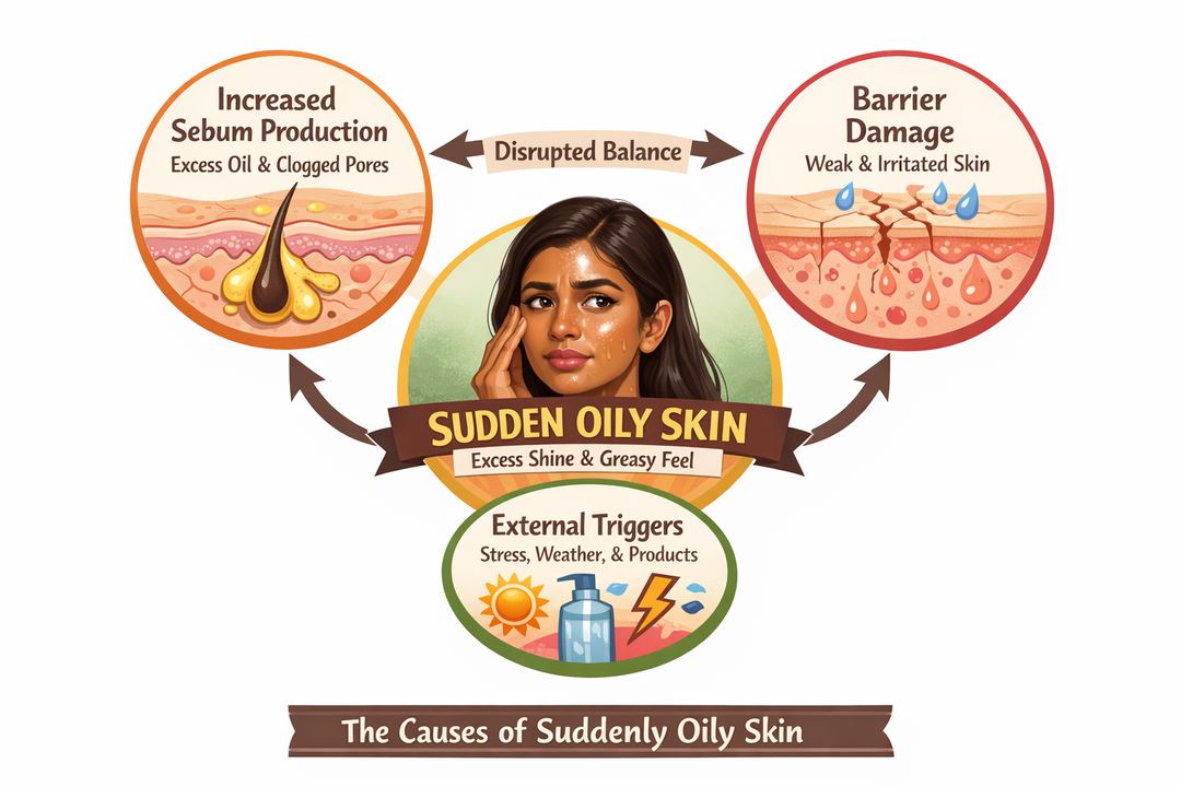 Diagram showing how sebum, barrier damage, and external triggers lead to sudden oily skin.