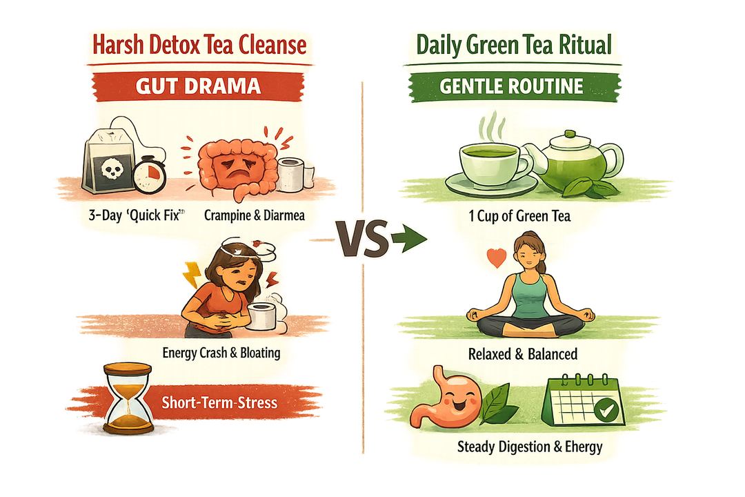 Infographic comparing harsh detox teas causing gut drama vs a calm daily green tea ritual supporting steady wellbeing.