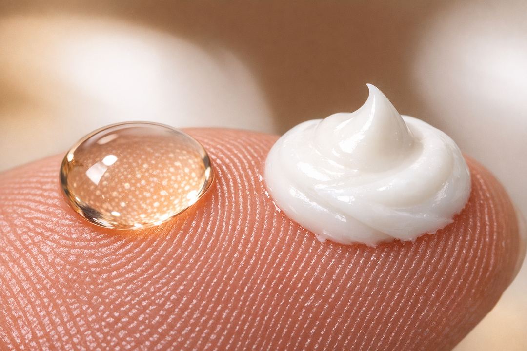 Close-up of a drop of face serum next to a dollop of cream on a fingertip, showing texture difference.