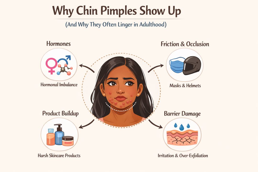 Infographic showing how hormones, friction from masks and helmets, and harsh skincare cause pimples on the chin and jawline in Indian women.