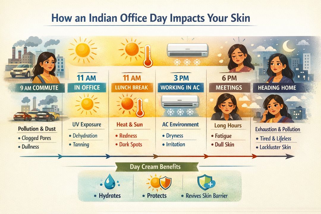Infographic showing an Indian office-goer’s 9-to-9 day with pollution, UV, heat and AC exposure mapped to skin effects