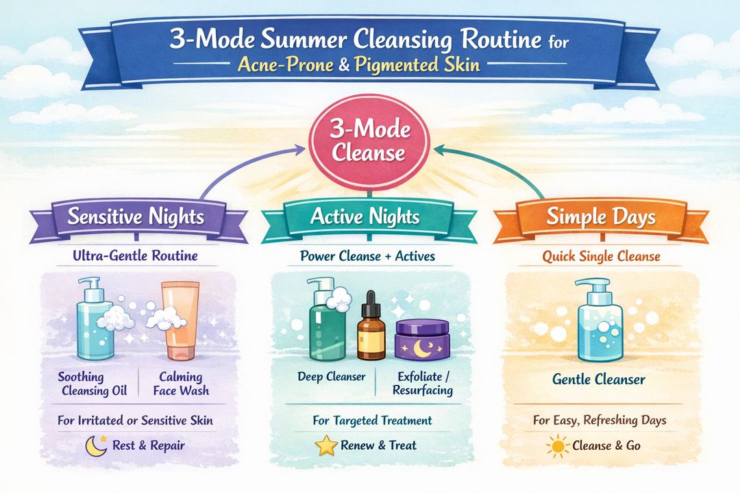 Infographic diagram showing a 3-mode summer cleansing system with branches for Sensitive Nights, Active Nights, and Simple Days for acne-prone, pigmented skin.