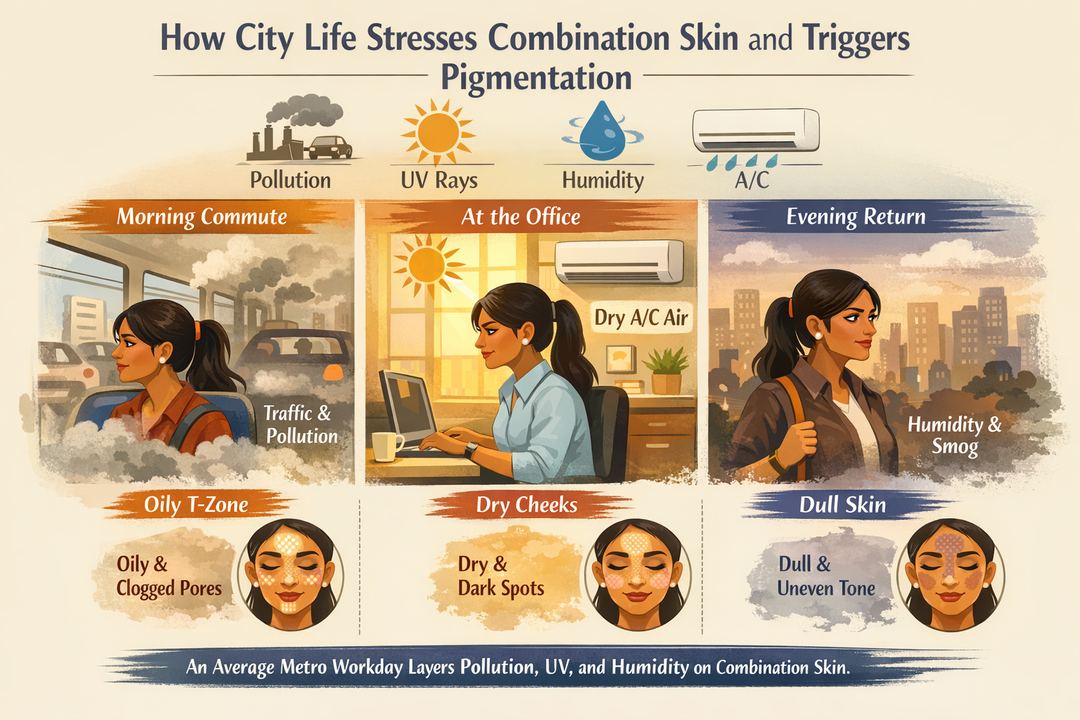 Infographic showing an Indian working woman’s day from commute to office to evening, with icons for pollution, UV, humidity and AC, and how each zone of combination skin reacts.