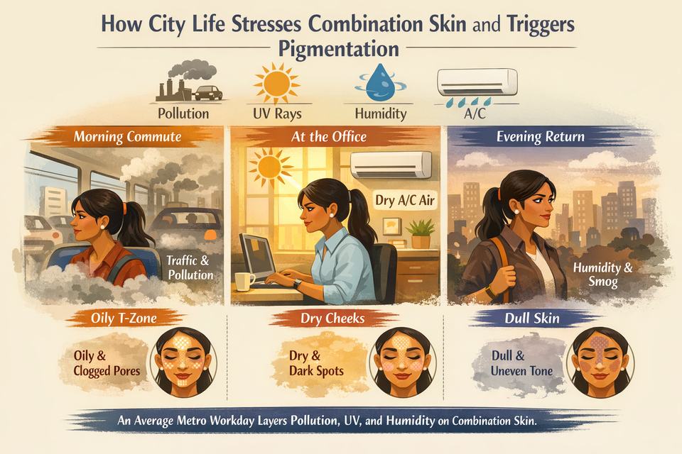 Infographic showing an Indian working woman’s day from commute to office to evening, with icons for pollution, UV, humidity and AC, and how each zone of combination skin reacts.