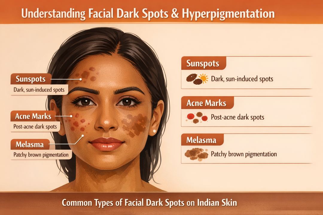 Infographic showing different types of facial dark spots on Indian skin such as acne marks, sunspots, and melasma, with simple labels and locations on the face.