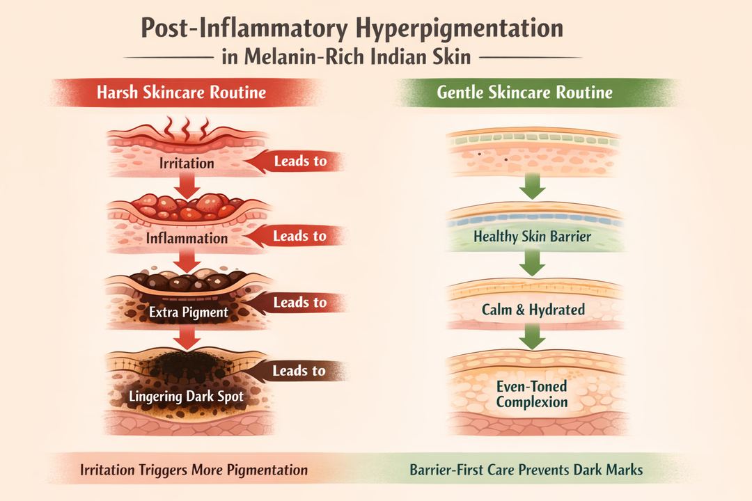 Infographic showing how irritation or inflammation can lead to post-inflammatory hyperpigmentation in melanin-rich Indian skin, with a gentle vs harsh routine comparison.