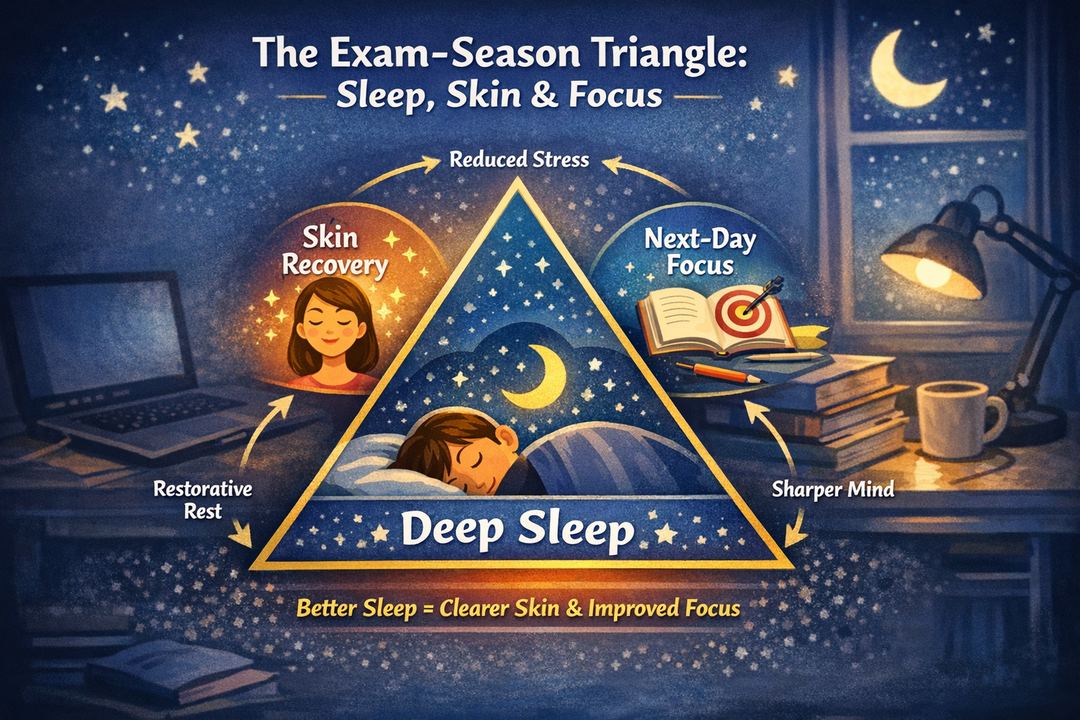 Infographic triangle showing how sleep, skin and exam focus are linked for students studying late at night