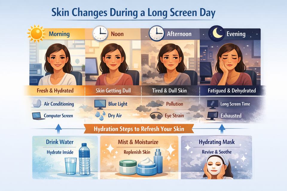 Infographic showing a timeline of skin changes from morning to evening on a long screen day and how hydration steps reduce dullness
