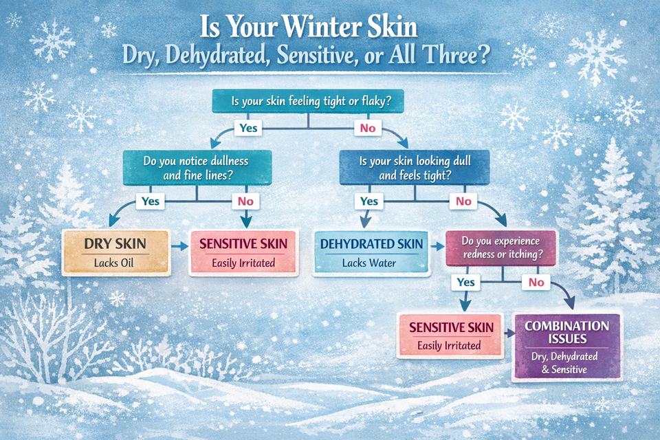 Infographic flowchart showing how to tell if your winter skin is dry, dehydrated, sensitive or a mix, with simple yes/no questions.