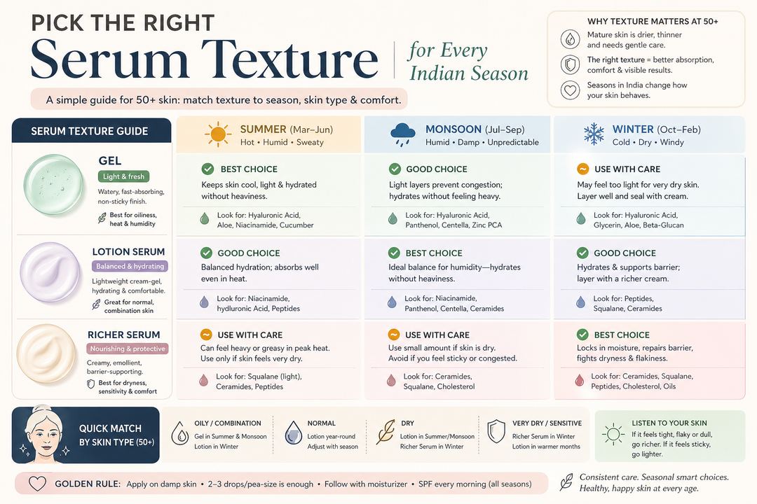 Diagram comparing gel, lotion, and richer serum textures for 50+ skin across Indian summer, monsoon, and winter.