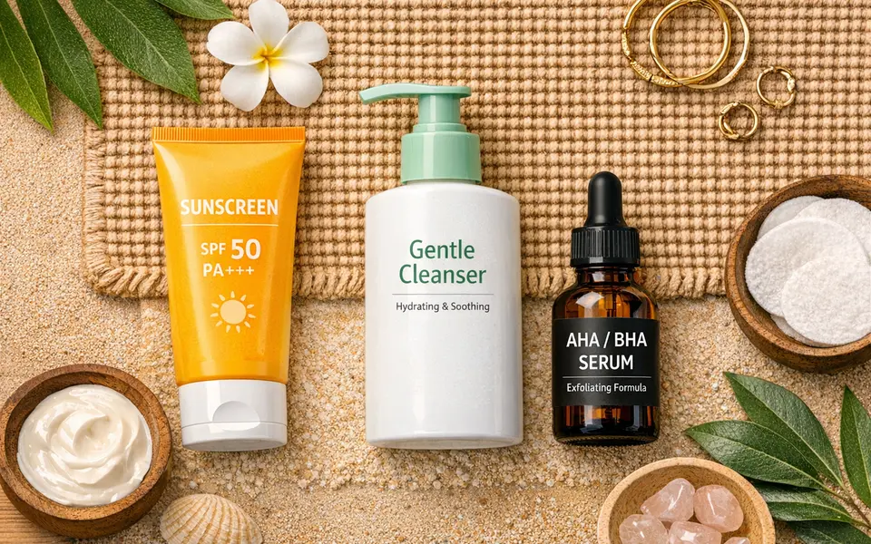 Flat lay of sunscreen, gentle cleanser and AHA BHA serum arranged for an Indian skincare routine